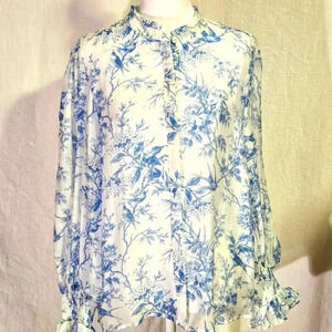 Fate Elegance In Bloom Blue Floral Bohochic Ruffle Neck Long Sleeve Blouse SZ M